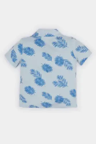 Men's Baby Polo Collar Palm Patterned Short Sleeve T-Shirt E6764a525sm-Blue - 3
