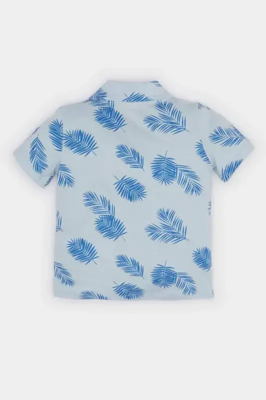 Men's Baby Polo Collar Palm Patterned Short Sleeve T-Shirt E6764a525sm-Blue - 3