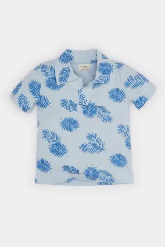 Men's Baby Polo Collar Palm Patterned Short Sleeve T-Shirt E6764a525sm-Blue 