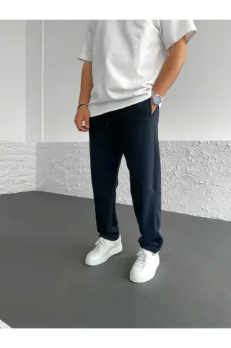 Men's Baggy Wide Leg Sweatpants-Navy Blue 