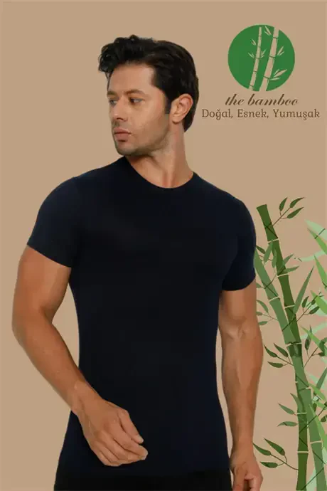 Men's Bamboo T-Shirt Navy Blue Henley - BÜYÜKBEDENIZ
