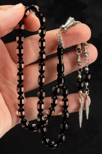 Men's Barley Cut Black Galalith Rosary-Black Transparent - 1