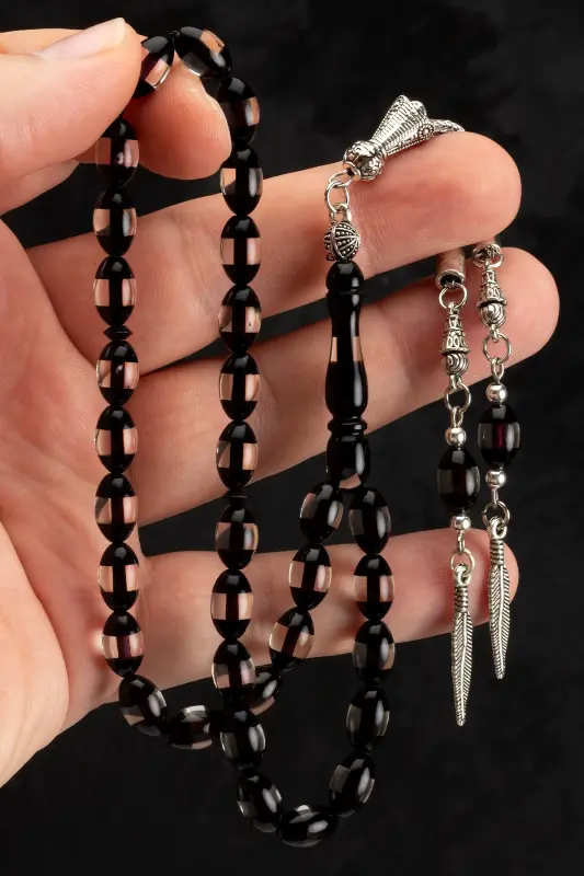 Men's Barley Cut Black Galalith Rosary-Black Transparent - 1
