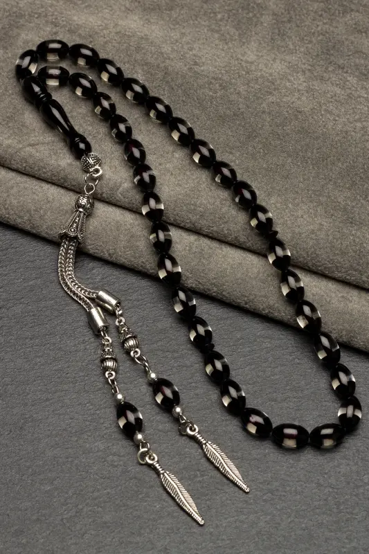 Men's Barley Cut Black Galalith Rosary-Black Transparent - 3
