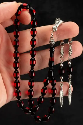 Men's Barley Cut Red Tasseled Dust Amber Rosary-Red 
