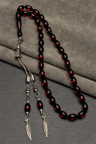 Men's Barley Cut Red Tasseled Dust Amber Rosary-Red - 2