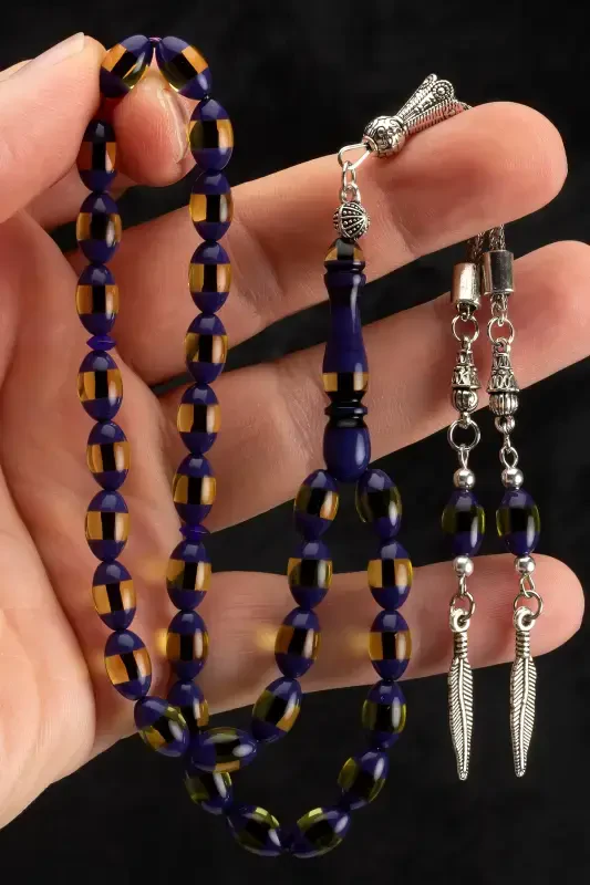 Men's Barley Cut Yellow Navy Blue Tasseled Dust Amber Rosary-Yellow Navy Blue - OTTOTESBİH