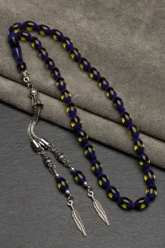 Men's Barley Cut Yellow Navy Blue Tasseled Dust Amber Rosary-Yellow Navy Blue - 3