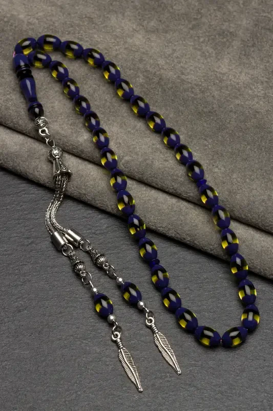 Men's Barley Cut Yellow Navy Blue Tasseled Dust Amber Rosary-Yellow Navy Blue - 3