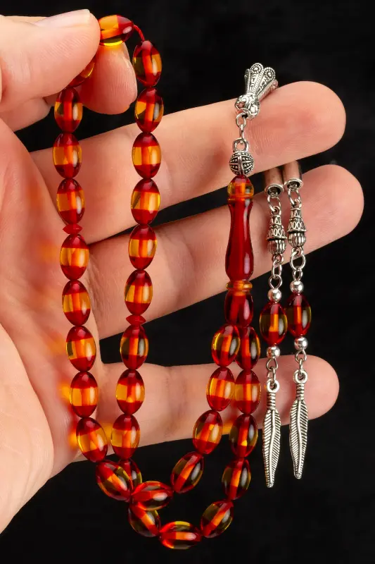 Men's Barley Cut Yellow Red Tasseled Dust Amber Rosary-Yellow Red - 1