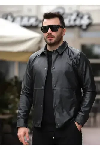 MEN'S BASIC PREMIUM SNAP-FASTENED LINED LEATHER JACKET - Black çt - 1