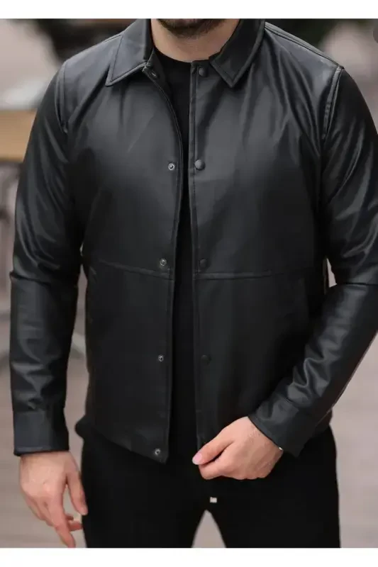 MEN'S BASIC PREMIUM SNAP-FASTENED LINED LEATHER JACKET - Black çt - 2