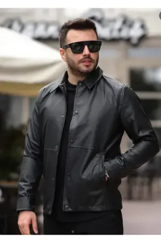 MEN'S BASIC PREMIUM SNAP-FASTENED LINED LEATHER JACKET - Black çt - 3