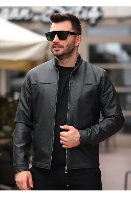 MEN'S BASIC PREMIUM STAND-UP COLLAR CARBON TEXTURED LEATHER JACKET-Black CARBON GENUINE - BASEL.CO