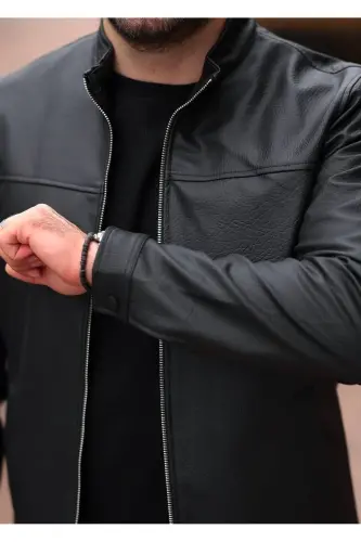 MEN'S BASIC PREMIUM STAND-UP COLLAR CARBON TEXTURED LEATHER JACKET-Black CARBON GENUINE - 2