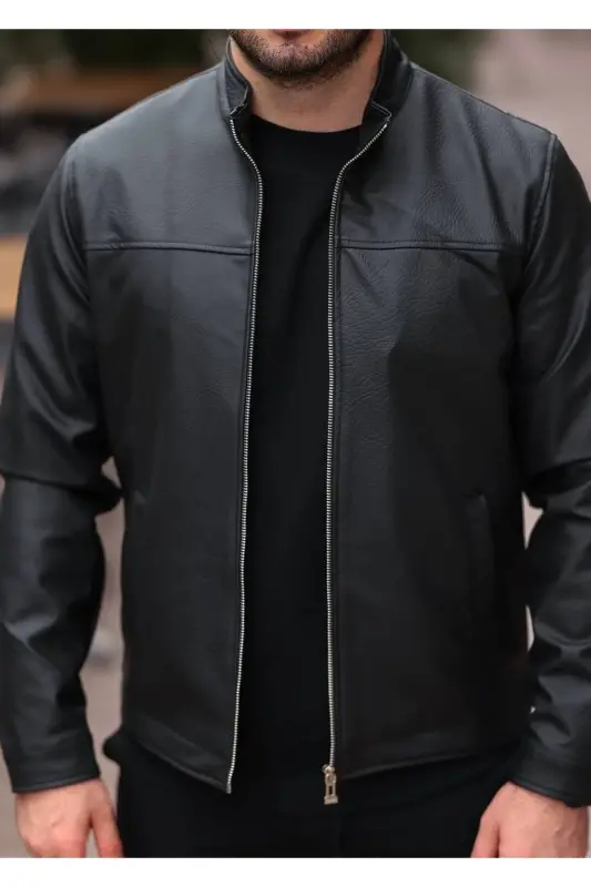 MEN'S BASIC PREMIUM STAND-UP COLLAR CARBON TEXTURED LEATHER JACKET-Black CARBON GENUINE - 3