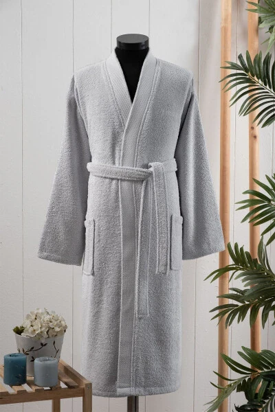 Men's Bathrobe Plain Grey-Gray - PIERRE CARDIN
