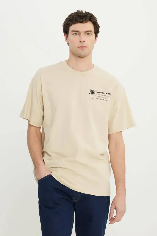 Men's Beige 100% Cotton Oversized Relaxed Fit Shirt - 3