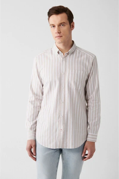 Men's Beige 100% Cotton Oxford Button-Down Collar Striped Regular Fit Shirt A31y2055 - AVVA