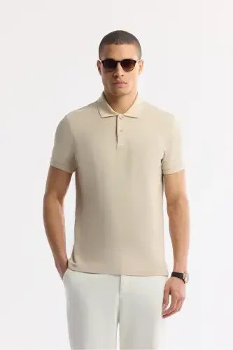 Men's Beige 100% Cotton Quick-Drying Regular Fit Non-Wrinkle Polo Collar T-shirt B001032 - 1