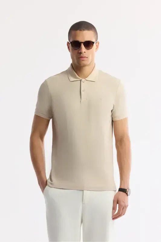 Men's Beige 100% Cotton Quick-Drying Regular Fit Non-Wrinkle Polo Collar T-shirt B001032 - 1