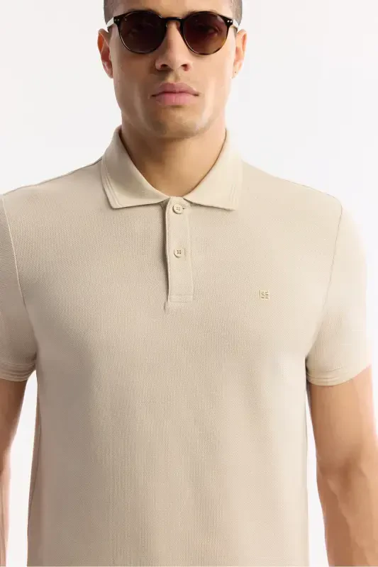 Men's Beige 100% Cotton Quick-Drying Regular Fit Non-Wrinkle Polo Collar T-shirt B001032 - 2