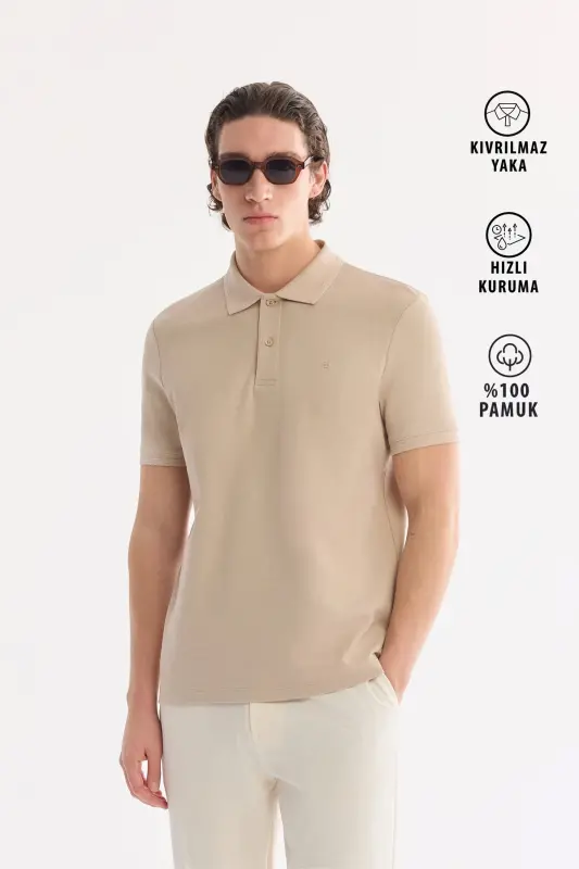 Men's Beige 100% Cotton Quick-Drying Regular Fit Non-Wrinkle Polo Collar T-shirt B001032 - 1