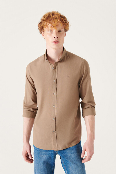 Men's Beige 100% Cotton Thin Soft Brushed Button-Down Collar Long Sleeve Regular Fit Standard Cut Shirt - 9