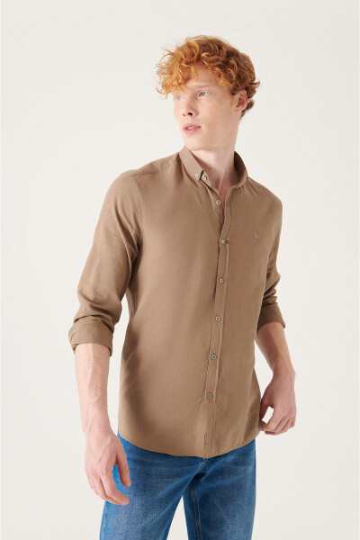 Men's Beige 100% Cotton Thin Soft Brushed Button-Down Collar Long Sleeve Regular Fit Standard Cut Shirt - 11