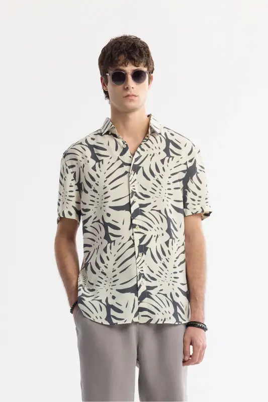 Men's Beige-Anthracite Under-Buttoned Collar Modal Blend - AVVA
