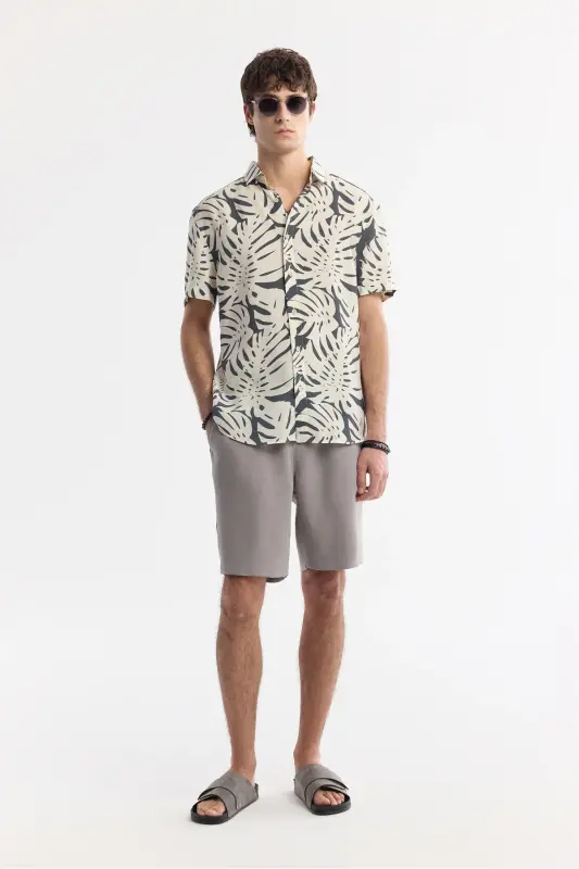 Men's Beige-Anthracite Under-Buttoned Collar Modal Blend - 6