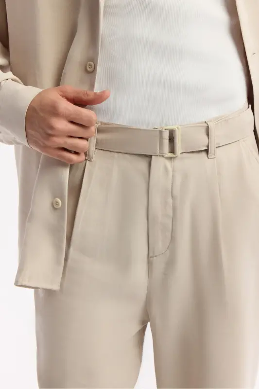 Men's Beige Baggy Fit Classic Belt Buckle Detail Mo - 5