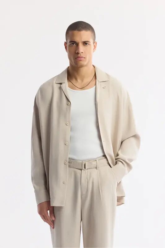 Men's Beige Baggy Fit Classic Belt Buckle Detail Mo - 7