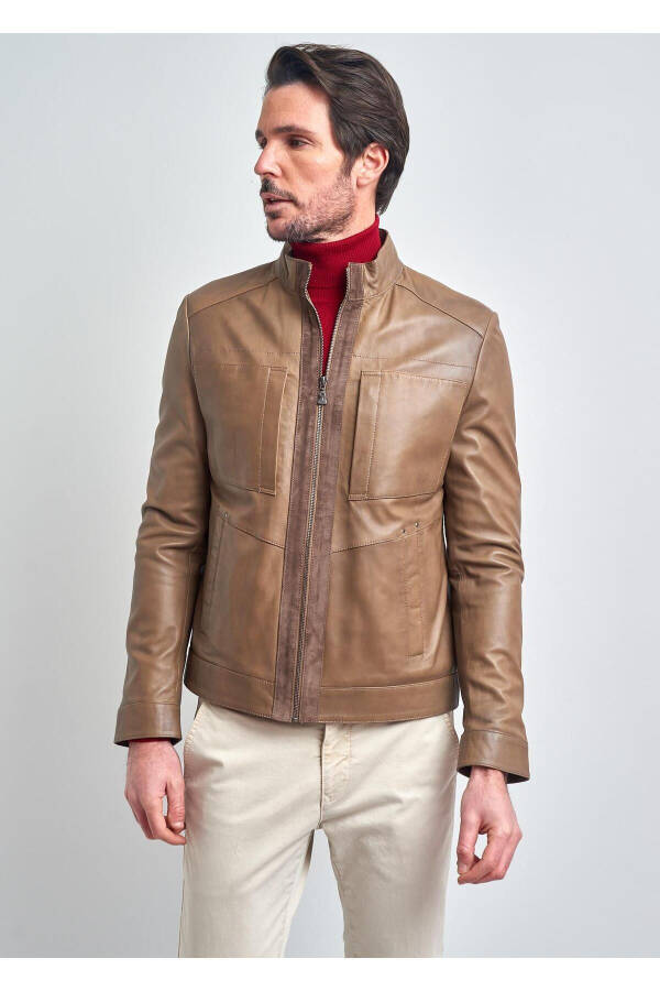 Men's Beige Basic Pocket Leather Jacket - 3