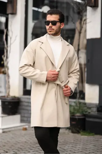 Men's Beige Belted Oversize Comfort Fit Cashmere Coat - BEIGE - 4