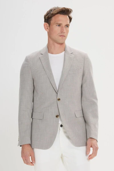 Men's Beige-black Regular Fit Casual Blazer with Mono Collar - ALTINYILDIZ CLASSICS