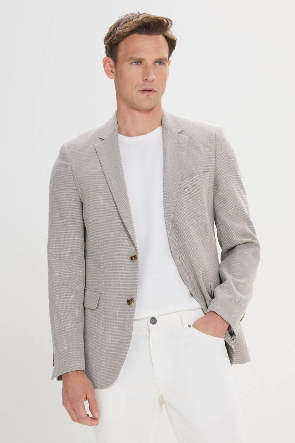 Men's Beige-black Regular Fit Casual Blazer with Mono Collar - 3