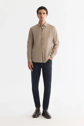 Men's Beige Button-Down Collar 100% Cotton Patterned Shirt A - 5