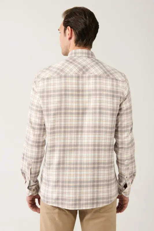 Men's Beige Button-Down Collar 100% Cotton Plaid Regular Fit Shirt A32y2150 - 4