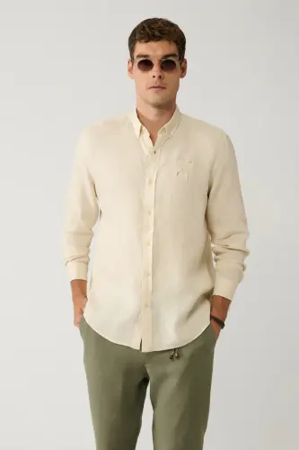 Men's Beige Button-Down Collar 100% Linen Embroidered Detail Comfort Fit Shirt A41y2232 