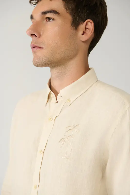 Men's Beige Button-Down Collar 100% Linen Embroidered Detail Comfort Fit Shirt A41y2232 - 2