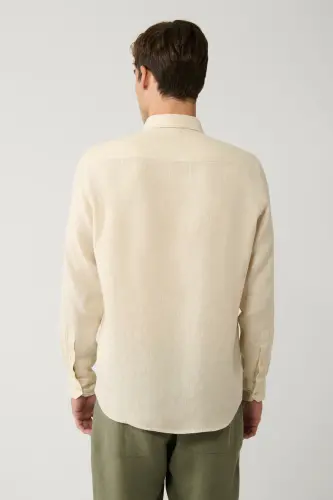 Men's Beige Button-Down Collar 100% Linen Embroidered Detail Comfort Fit Shirt A41y2232 - 4
