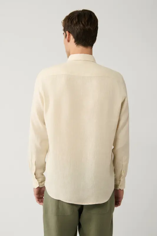 Men's Beige Button-Down Collar 100% Linen Embroidered Detail Comfort Fit Shirt A41y2232 - 4