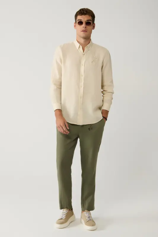 Men's Beige Button-Down Collar 100% Linen Embroidered Detail Comfort Fit Shirt A41y2232 - 5