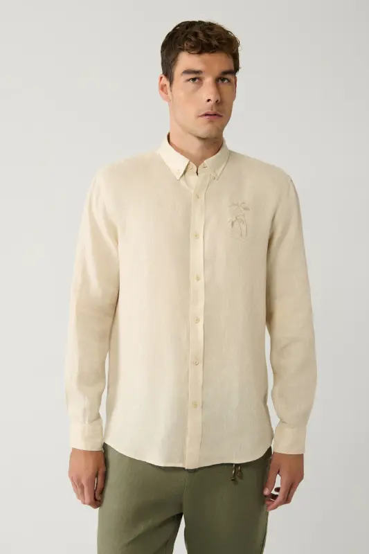 Men's Beige Button-Down Collar 100% Linen Embroidered Detail Comfort Fit Shirt A41y2232 - 4