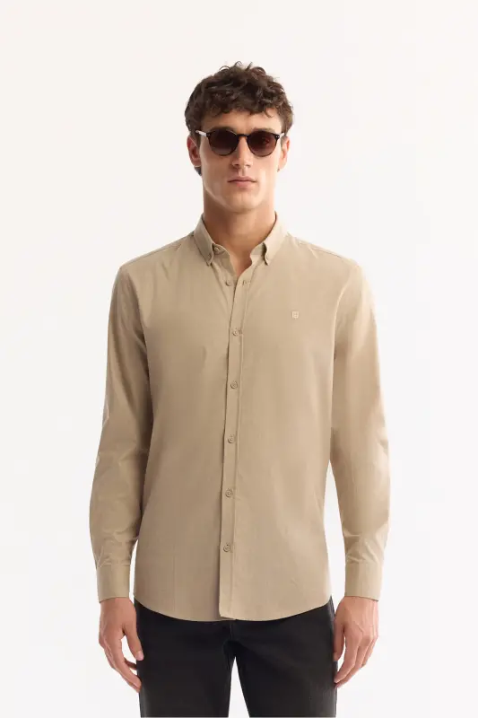 Men's Beige Button-Down Collar Comfort Fit Shirt 100% Cotton Linen Texture E002141 - AVVA