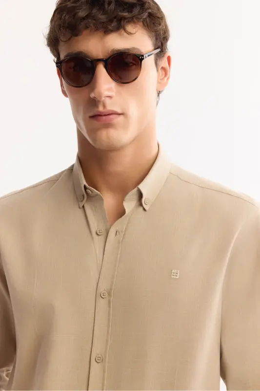 Men's Beige Button-Down Collar Comfort Fit Shirt 100% Cotton Linen Texture E002141 - 2