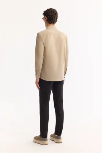 Men's Beige Button-Down Collar Comfort Fit Shirt 100% Cotton Linen Texture E002141 - 4