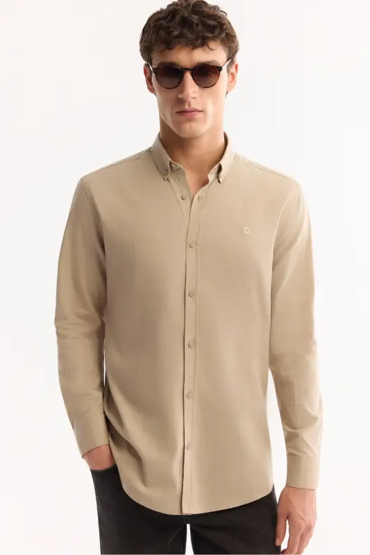 Men's Beige Button-Down Collar Comfort Fit Shirt 100% Cotton Linen Texture E002141 - 5