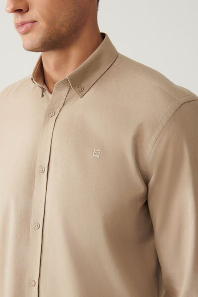 Men's Beige Button-Down Collar Comfort Fit Shirt 100% Cotton Linen Texture E002141 - 14